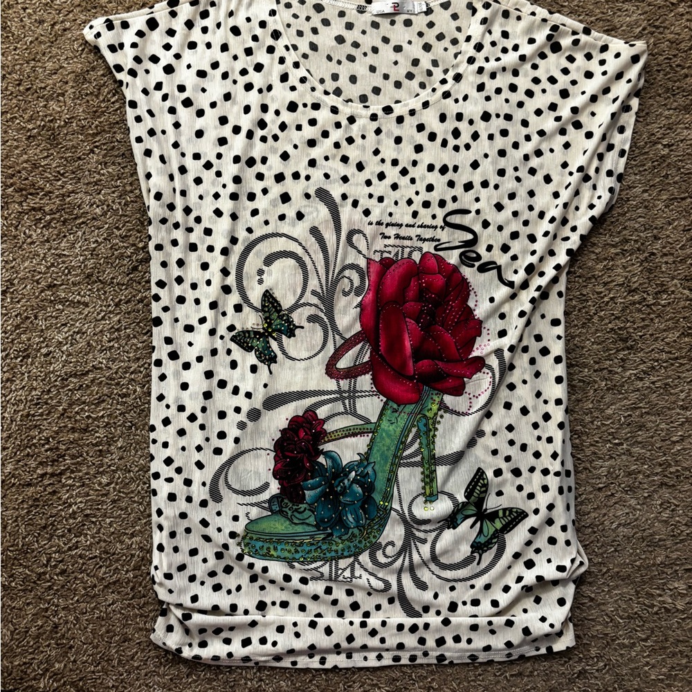 Ladies Silk Poly Short Sleeve Pullover Beaded Sparkly Blouse woman XL-XXL